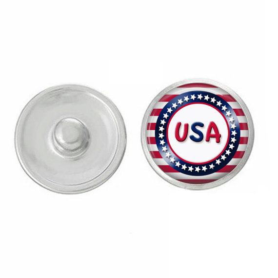 USA Red White and Blue Snap, hand-pressed jewelry accessory for Fourth of July celebrations.
